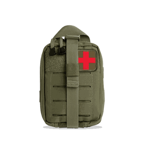 Advanced Individual First Aid Kit OD Green with MOLLE compatible pouch for severe bleeding and airway issues.